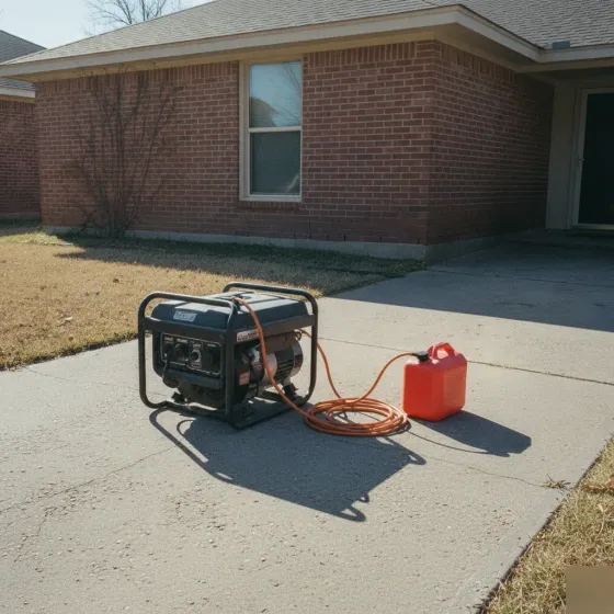 Portable generator on driveway without panel interlock in Denton home