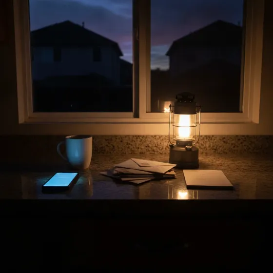Dark kitchen lit by lantern during home power outage before electrician arrives in Denton