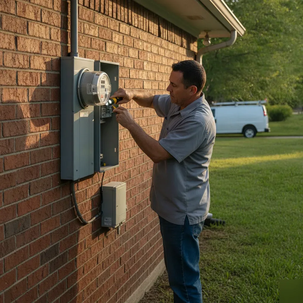Electrician inspecting home breaker panel during power restoration call in Denton