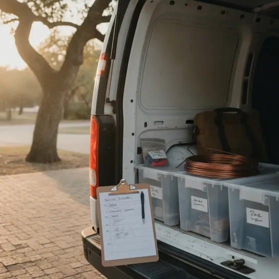 Handwritten estimate and electrical parts inside utility van for Denton power restoration job