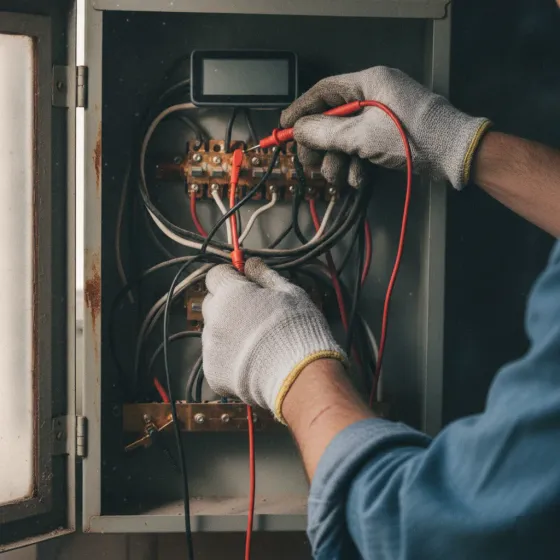 Multimeter testing wire voltage during electrical power restoration diagnosis in Denton