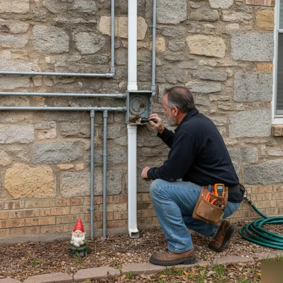 Electrician examining corroded wiring conduit on older Denton home during power restoration