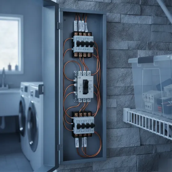 Repaired breaker panel with power restored after electrical service in Denton home