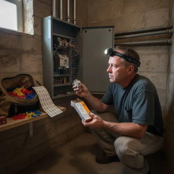 Electrician comparing old and new breaker parts during repair decision in Denton