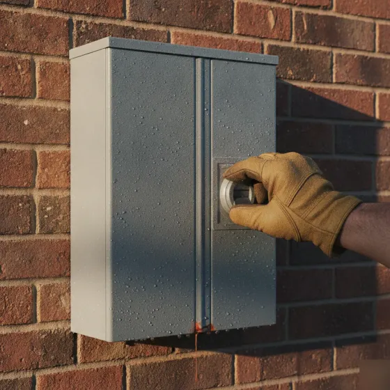 Exterior breaker panel showing heat and moisture stress in Denton climate