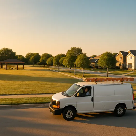 Electrician truck near Joe Skiles Park Denton at golden hour community view