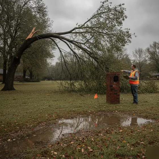 Electrician assesses storm-damaged power line at Denton home after storm