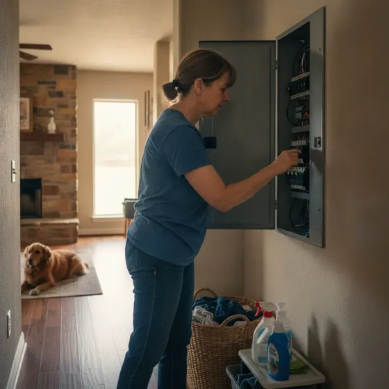 Homeowner resetting tripped breaker switch without repair in Denton home