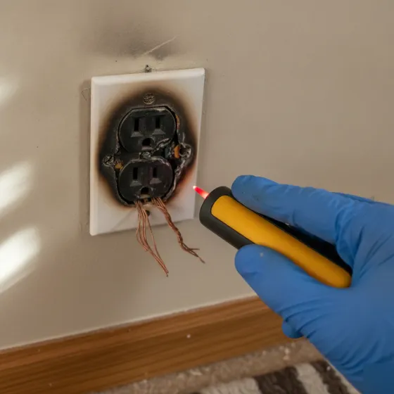Close-up of scorched outlet checked during Denton electrical inspection