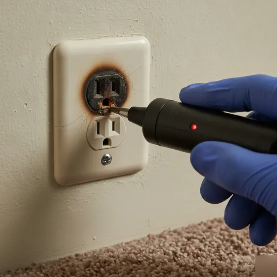 Close-up of scorched electrical outlet needing replacement in Denton home