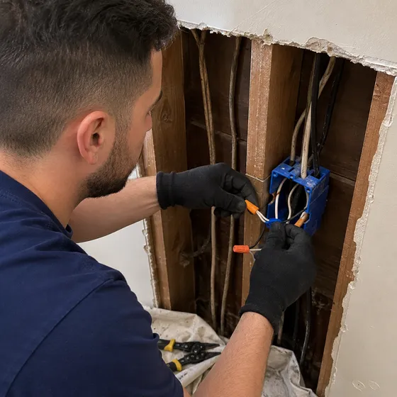 Electrician splicing damaged wiring with wire nuts inside an opened wall cavity in a Denton home