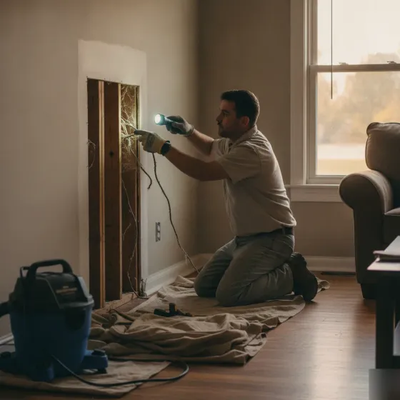 Electricians repairing damaged wiring inside opened wall in Denton home