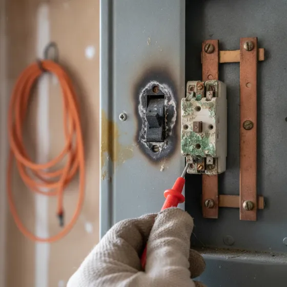 Close-up of aging fuse box showing signs wiring needs upgrade in Denton